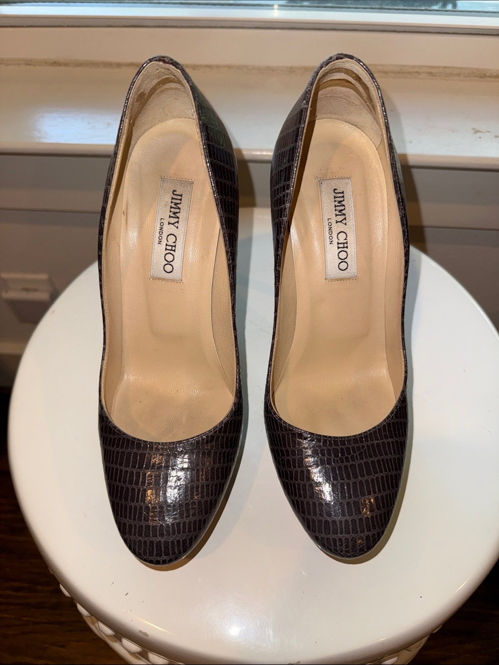 Jimmy Choo Dark Brown Croc-Embossed Leather Pumps